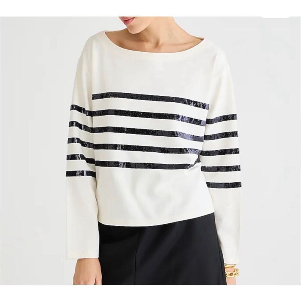 J Crew Top Mariner Jersey Cropped Long Sleeve Boatneck Sequined Striped White Bl